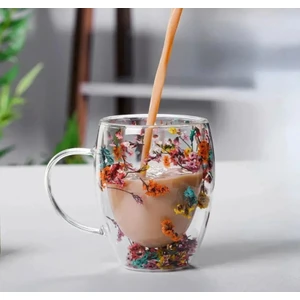 Çiçekli Çift Cidarlı Kulplu Şeffaf Espresso Cam Bardak - Ofis - Ev - 2 Adet - 350 ml