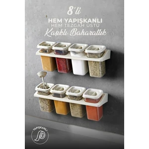 8'Li Kaşıklı, Yapışkanlı, Standlı 400 Ml Baharatlık Seti Bej