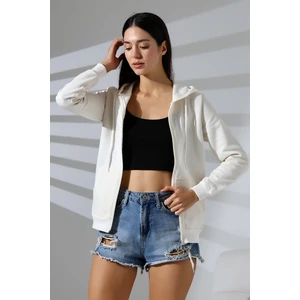 Şardonlu Fermuarlı Kapüşonlu Sweatshirt 19116 Ekru