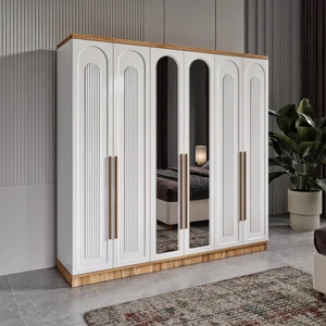Ücretsiz Montaj - %100  MDF Flora 6 Kapaklı Aynalı Atlantik Çam Beyaz Gardırop - MDF Dolap - Elbise Dolabı