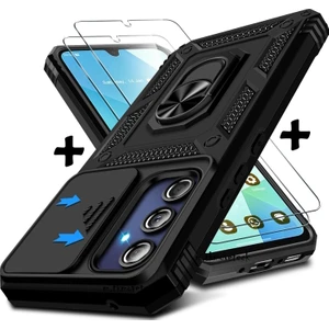 M.TK Moveteck Samsung Galaxy A16 Kılıf Kamera Korumalı Sürgülü Yüzüklü Armor Zırh Tank Kapak + 1 Adet 9h Ekran Koruyucu Cam Set