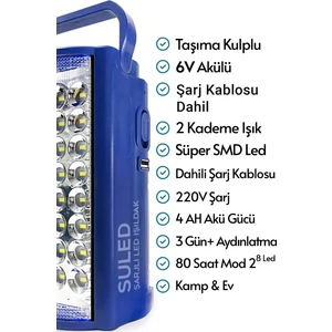 Kamp Lambası 6V Akülü 80 Saat - 3gün Aydınlatma 24 Smd LED Işıldak Lamba 220V Şarj