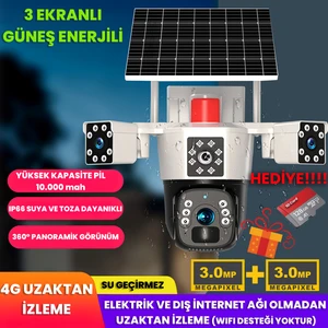 Solar Güvenlik Kamerası Güneş Panelli Çift Lensli 4g Sim Kart Destekli 10.000 Mah Batarya 6 mp Full Hd Görüntü Kalitesi