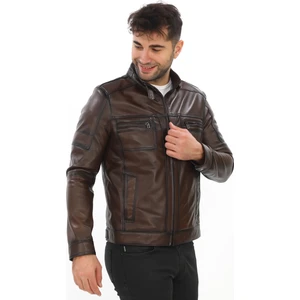 Erkek Cep Detaylı Dik Yaka Hakiki Deri Mont - 1229