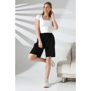 Rahat Kalıp Geniş Uzun Penye Pamuklu Unisex Şort 21823 Siyah