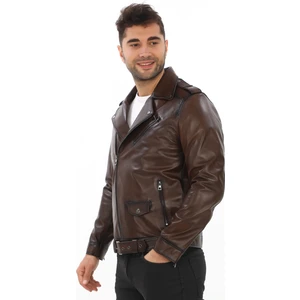 Erkek Ingiliz Yaka Hakiki Deri Biker Mont