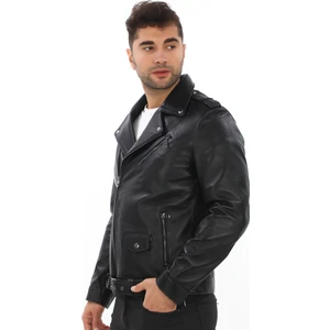 Erkek Ingiliz Yaka Hakiki Deri Biker Mont