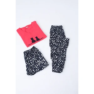 Kadın Şortlu ve Uzun Pijama Takımı Kısa Kollu 3 Lü Set Likralı Cepli Nar