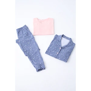 Kadın Pijama Uzun Kollu Düğmeli Pijama Takımı Cepli Pamuk  3 Lü Takım Kısa Kollu Indıgo