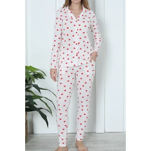 Kadın Düğmeli Pijama Takımı Uzun Kollu Cepli Kalpli Sevgililer Günü Beyaz