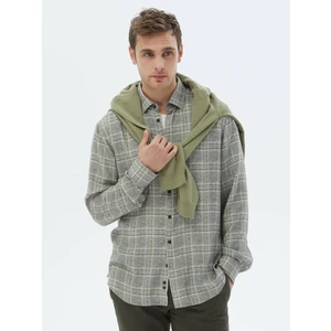 Bej Kareli Regular Fit Dokuma Casual Gömlek