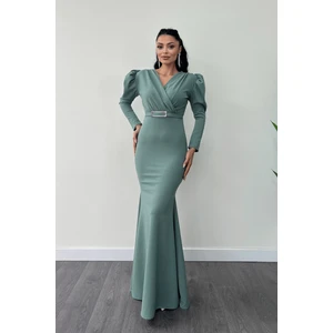 Krep Kumaş Kruvaze Yaka Balık Elbise - Su Yeşili
