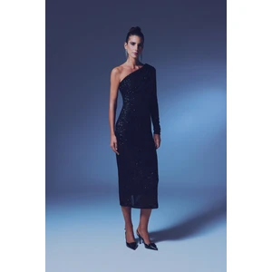 Tek Kollu Payet Elbise - Siyah