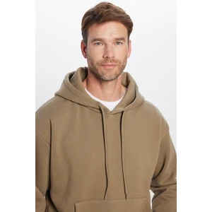 Unisex Oversize Geniş Kesim Pamuklu Yumuşak Dokulu Içi Polarlı Basic Haki Kapüşonlu Sweatshirt