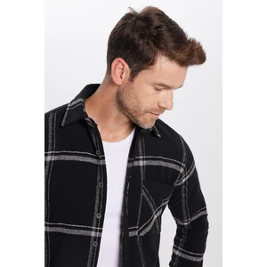 Slim Fit Dar Kesim Tek Cepli Kareli Gri Siyah Erkek Gömlek