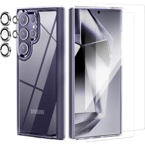 Samsung Galaxy S24 Ultra Şeffaf Kılıf + Cam Ekran Koruyucu (2 Adet) + Kamera Lens Koruyucu Sarı
