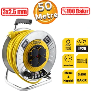 Metal Makaralı Seyyar %100 Bakır Kablo 4 Prizli Kapaklı Uzatma Kablosu 3x2.5 mm H05VV-F 50 Metre