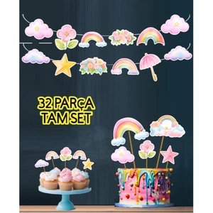 Hiras Dizayn 32PARÇA Gökkuşağı Bulut Yıldız Temalı Dev Doğum Günü Süsü Banner Pasta Kürdanı Cupcake Süs