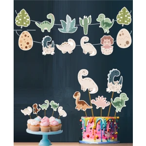Hiras Dizayn 32 Parça Dinozor Temalı Dev Set Çocuk Kutlama Doğum Günü Süsü Banner Pasta Kürdanı Cupcake