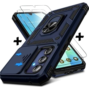 M.TK Moveteck Samsung Galaxy A16 Kılıf Kamera Korumalı Sürgülü Yüzüklü Armor Zırh Tank Kapak + 1 Adet 9h Ekran Koruyucu Cam Set