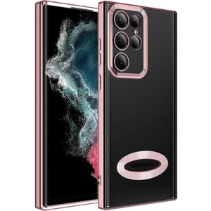 Samsung Galaxy S22 Ultra Kılıf Logo Gösteren Parlak Kenarlı Kamera Lens Korumalı Şeffaf Omega Silikon Kapak