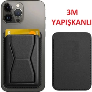 Tüm Cihazlarla Uyumlu Yapışkanlı Standlı Deri Cüzdan Siyah Kartlık