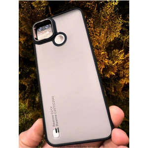 Realme C21Y Kılıf Metal Çerçeve Hassas Butonlu Renkli Buzlu Şeffaf Transparan Kapak