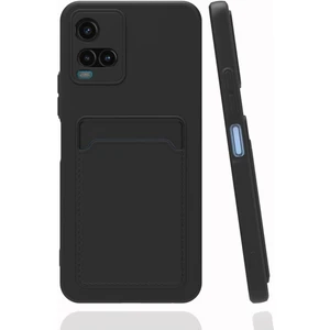 Vivo Y21 Kılıf Kamera Korumalı Kartlıklı Cüzdanlı Kırmızı Tuşlu Siyah Silikon Kapak