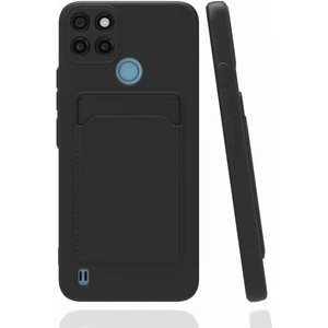 Realme C21Y Kılıf Kamera Korumalı Kartlıklı Cüzdanlı Kırmızı Tuşlu Siyah Silikon Kapak