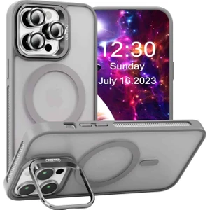 Apple iPhone 15 Pro Kılıf Standlı Mat Magsafe Metal Tuşlu Kamera Lens Hediyeli Wonk Kapak