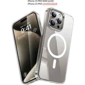 Apple iPhone 15 Pro Max Kılıf Magsafe Wireless Kablosuz Şarj Destekli Sert Şeffaf Darbe Emici Kapak