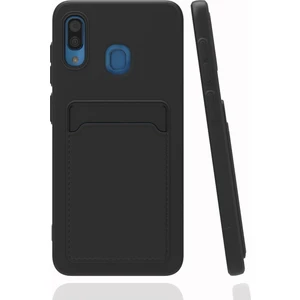 Samsung Galaxy A20 Kılıf Kamera Korumalı Kartlıklı Cüzdanlı Kırmızı Tuşlu Siyah Silikon Kapak