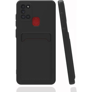 Samsung Galaxy A21S Kılıf Kamera Korumalı Kartlıklı Cüzdanlı Kırmızı Tuşlu Siyah Silikon Kapak