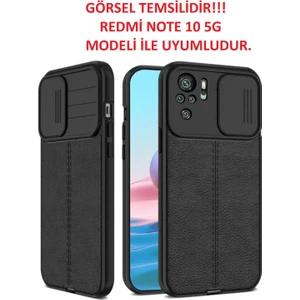 Xiaomi Redmi Note 10 5g Kılıf Sürgülü Slide Kamera Korumalı Deri Görünümlü Leke Tutmaz Lüks Silikon