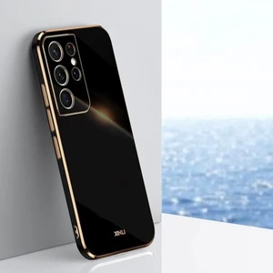 Samsung Galaxy S22 Ultra Uyumlu Kılıf Parlak Kenarlı Altın Işlemeli Kamera Korumalı Kapak