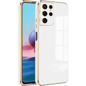 Samsung Galaxy S22 Ultra Uyumlu Kılıf Parlak Kenarlı Altın Işlemeli Kamera Korumalı Kapak
