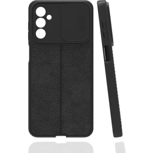 Samsung Galaxy M23 Kılıf Sürgülü Kamera Korumalı Deri Görünümlü Dikiş Desenli Leke Tutmaz Kapak