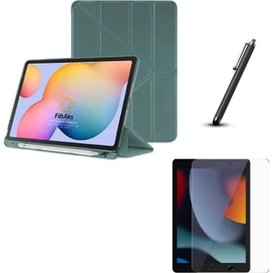iPad 9. Nesil Uyumlu Kılıf + Ekran Koruyucu + Kalem Bölmeli Kalemlikli Standlı 360 Kapaklı Koyu Yeşil
