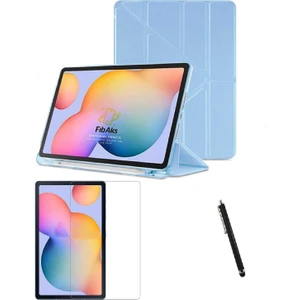 Samsung Galaxy S6 Lite Kılıf + Ekran Koruyucu + Kalem SM-P610 SM-P615 SM-P617 Dikey Yatay Stand Olabilen Arkası Yumuşak Kapaklı Silikon 360 Tam Koruma