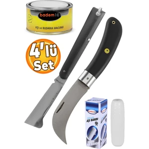 4'lü Set Aşı Bıçağı Eğri Uçlu Bağ Bıçağı Çakısı + Aşı Bandı + Macunu + Düz Uçlu Açı Bıçak