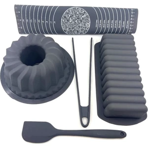 5 Parça Antrasit Silikon Mutfak Seti Pastacılık Seti Oval Baton Kek Kalıbı Maşa Spatula Hamur Matı
