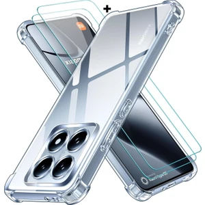 M.tk moveteck Xiaomi Mi 14T Pro Kılıf Köşe Korumalı Darbeye Dayanıklı Antişok Şeffaf Silikon + 9h Temperli Cam 2in1 Set