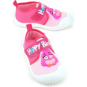 Yazlık Kız Çocuk Keten Happy Bird Cırt Cırtlı Ayarlanabilir Ayakkabı Fuşya