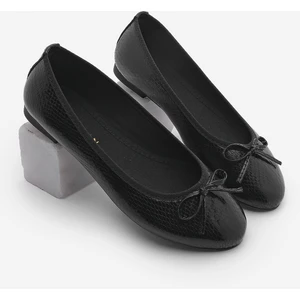 Kadın Günlük Babet Yuvarlak Burun Balerin Babet Adusa Siyah Yılan