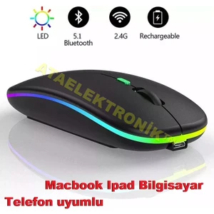 Ata Elektronik Ultra Slim Bluetooth Rgb Usb Mouse 2.4ghz Siyah Ledli 800 / 1200 / 1600dpi Şarjlı Kablosuz Mouse Rgb Led Işıklı Çift Modlu Kablosuz Ledli Şarj Edilebilir Sessiz Tıklama