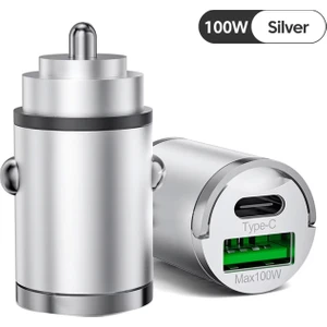 Mega Oto Market 100W Mini Silver Çakmaklık USB Type-C Soketli Araç Içi Süper Hızlı Şarj Adaptörü