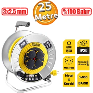 Metal Makaralı Seyyar %100 Bakır Kablo 4 Prizli Kapaklı Uzatma Kablosu 3x2.5 mm H05VV-F 25 Metre