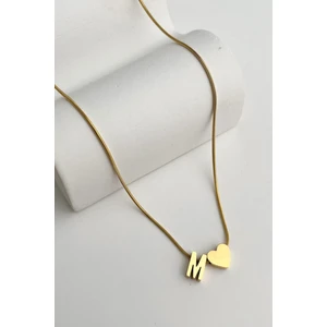 Çelik Kalp Detaylı M Harfi Kolye (45CM+5CM)