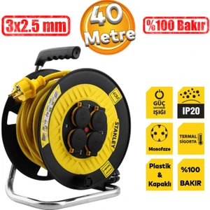 %100 Bakır 3x2.5 mm 40 Metre Plastik Makaralı Seyyar 4 Prizli Elektrikli Araç Uzatma Kablosu H05VV-F