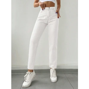 Kadın Mom Fit Jeans Kot Pantolon Beyaz